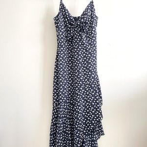 Asymmetrical navy blue daisy floral wrap dress